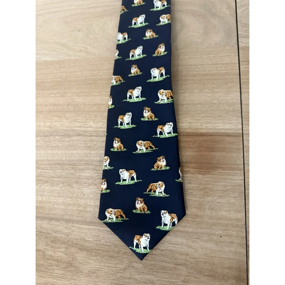 Alynn Neckwear English Bulldog Novelty Tie Navy Blue 100% Silk Made in USA